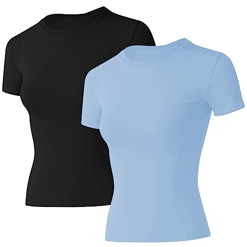 Image of Loovoo Women Workout Shirts, 1 /2 /3 Pack Short Sleeve Compression Tee | Tight Fit Gym Basic Tops, Athletic Quick Dry Crew Neck 4-Way Stretch, Flat Seams Ideal for Yoga, Gym, Running and Daily Wear