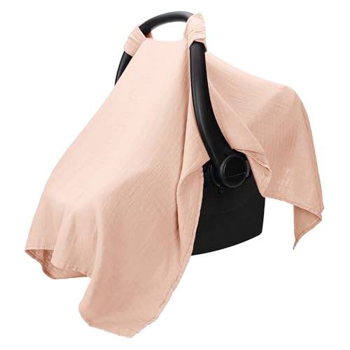 Image of Comfy Cubs Baby Car Seat Cover - Soft, Breathable Bamboo Rayon and Muslin Cotton Blend - Lightweight Canopy for Sun, Bug, and Comfort Protection - Large Size Infant Seat Cover in Blush Design