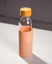 زجاجة مياه زجاجية بغطاء من البامبو وحافظة سيليكون، 500 ملليلتر خوخي