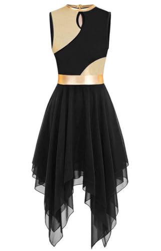 yrsZX Women's Praise Dance Tunic Metallic Color Block Sleeveless Liturgical Dancewear Irregular Hem Lyrical Dance Dress Tag S, Black