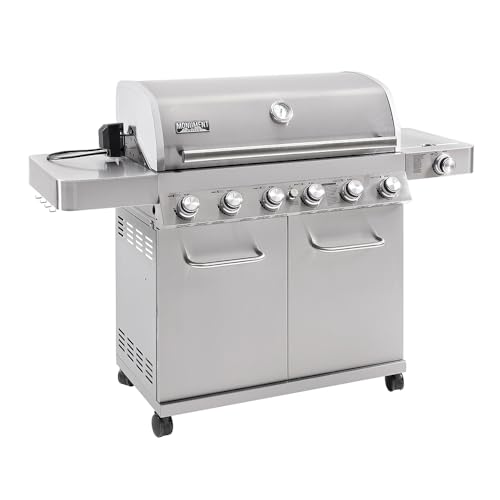 Monument Grills 6 Burner 640 sq.in. Stainless Steel Propane Gas Grill with a Rotisserie Kit, a Side Burner, a Built-In Thermometer, Large Cabinet Style Grill