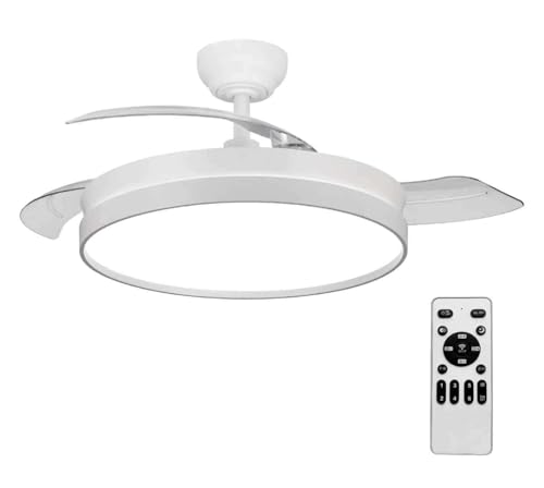 LEDUNI Ventilador de techo color Blanco 72W 7590lm,Aspas retráctiles,Motor DC 30W, Luz LED 42W Regulable en intensidad y color (tonalidad) Mando a distancia Controlador incorporado