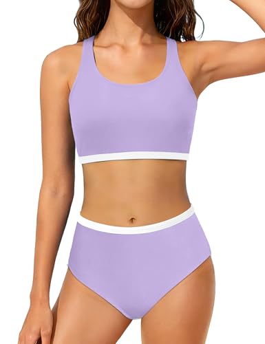 Image of DONWEN Girls Swimsuits V Neck Bikini Set Textured High Waist Girl Two Piece Bathing Suit