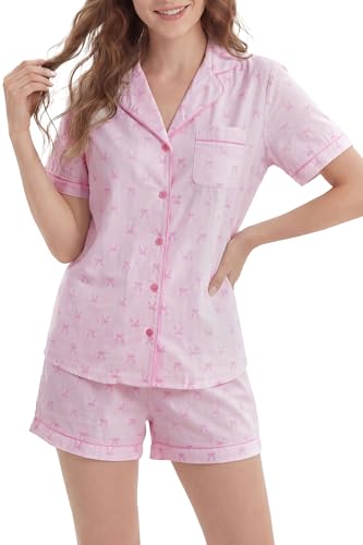 Image of LUBOT 100% Cotton Pajamas for Women 2 Piece PJ Set Poplin Woven Lightweight Ladies Button Short Sleeve Sleepwear S-XXL