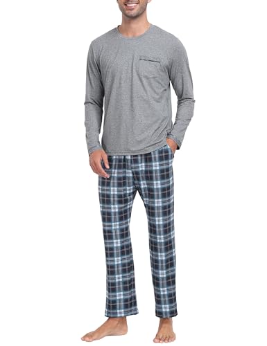 MoFiz Men's Pajamas Plaid Sets Sleepwear Sleep Long Sleeve Shirts and Pants Pajama Set Soft Mens Pjs Lounge Set with Pockets2
