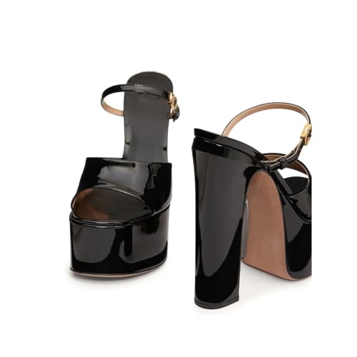 Sexy Black shiny Leather Platform Mules Round toe Pull-on Super high heel slides-sandals Chunky heeled Slippers Large size Peep toe slippers4