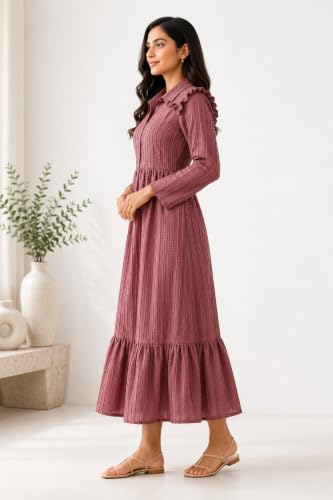 Image of Ayli Women's Textured Long Frock | Full Sleeve Maxi Frock | Tiered A-Line Dress for Casual, Office