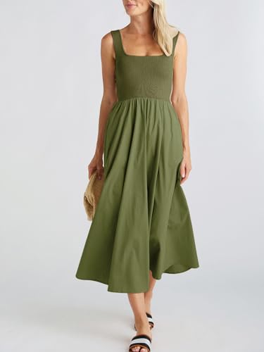 Image of Mieazom Women's Maxi Dress Summer Sleeveless Swing Sundress Casual Loose Tank Long Dresses with Pockets Army Green S