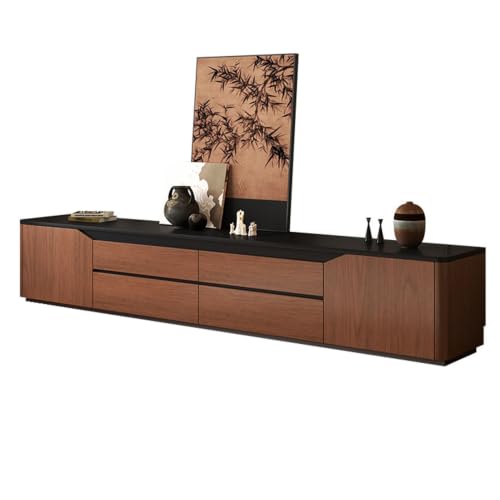 Caldo stile minimalista in legno retrò: questo mobiletto multimediale a basso profilo presenta un sofisticato design bicolore di caldi pannelli con venature del legno di noce abbinati al piano del tavolo nero opaco. I dettagli puliti e angolari conferiscono un elegante look retrò minimalista, che si abbina perfettamente all'arredamento moderno del soggiorno