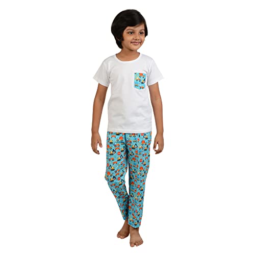Image of Frangipani Cotton, Regular Fit, Tee & Bottom Construction CampusPrint Night Suit Pyjama Set for Kids