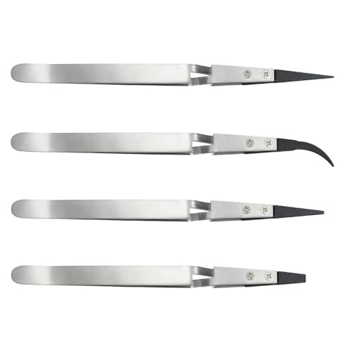 Juego de 4 pinzas antiestáticas de acero inoxidable de precisión para manualidades, pinzas de autobloqueo, pinzas de plástico no magnéticas para electrónica, joyería, manualidades, laboratorio,