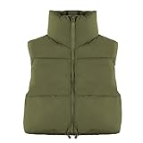 Hixiaohe Women's Winter Crop Vest Puffer Lightweight Stand Collar Padded Vest Zip Up Sleeveless Jacket(Army Green,M)