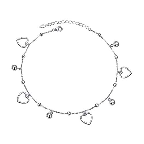 Daochong 925 Sterling Silver Love Heart Beads Foot Charm Elegant Boho Beach Anklets Bracelet For Women Teen Girls Adjustable 9 +1.5 Inches #TOP9
