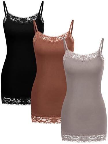 Image of SATINIOR 3 Pcs Women Long Camisoles Lace Tank Tops Neck Cami Adjustable Spaghetti Strap Trim Lace Tank Top for Women Wearing