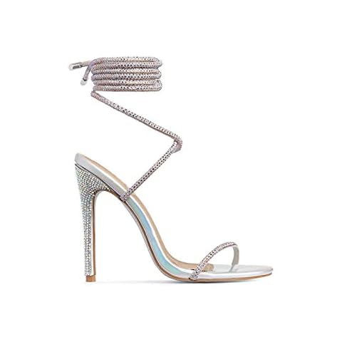 MissHeel Sparkly Silver Rhinestone Heels Lace Up Stilettos for Women Sexy Open Toe Strap Up High Heels Gladiators Iridescent Summer Wedding Shoes Size 6.5 Cover