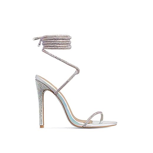 MissHeel Women¡¯s Silver Ankle Strappy Lace Up Heels Gladiators Rhinestone High Heels Sandals Heels Size 10 Tie Up Sexy Dress Sparkling Shoes