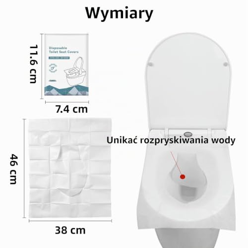 LATRAT 60 sztuk jednorazowych pokrowców na deskę sedesową, nadają się do mycia w zmywarce, do hotelu, na zewnątrz, do podróży, 380 x 460 mm