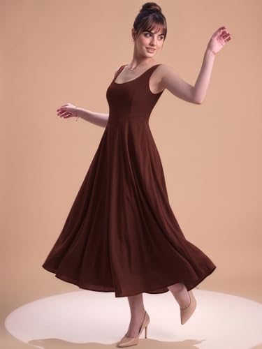 Image of Aahwan Solid Fit and Flared Round Neck Midi Dress for Women's & Girl's