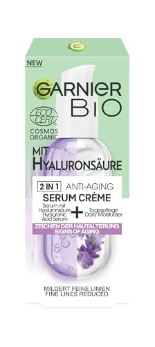 Garnier Crema antiedad 2 en 1 con ácido hialurónico de lavanda orgánica, contrarresta los signos del envejecimiento de la piel, 50 ml