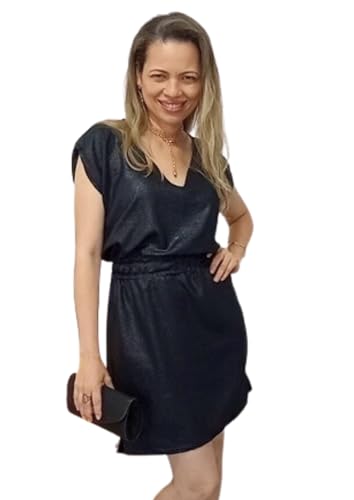 Vestido Curto, Decote V, Elástico Na Cintura, Fendas nas laterias (GG, Preto brilho)