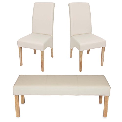 Esszimmergarnitur Garnitur M37, Bank und 2 Stühle Kunstleder - 120x43x49 cm Creme, helle Beine