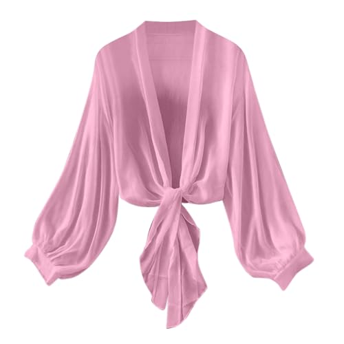 NSICBMNO Pink Summer Cardigans for Women UK Lightweight Chiffon Cardigans Sheer Shrug Tie Front Shrug Long Sleeve Bolero Kimono Beach Cover Up Open Front Cropped Cardigan Shawl Wrap Flowy Tops