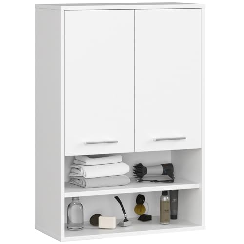 AKORD Badezimmer-Hängeschrank FIN 64 cm 2 Türen 2 Regalböden 2 offene Fächer B64xH94xT30 cm - mit Ablagen - Badschrank, Wandmontiert Gewicht 8,10kg Weiß & Weiß