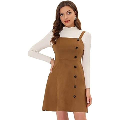 Allegra K Mini Vestido Tipo Peto Acampanado con decoración de Botones en Ante sintético para Mujer marrón L Cover