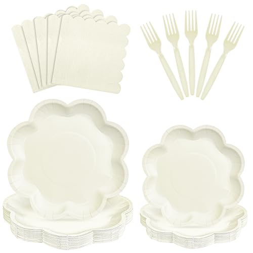 ZUQMZUQ 96 Pcs Ivory Paper Plates and Napkins Set Cream Party supplies for 24 Guest Including Scalloped...