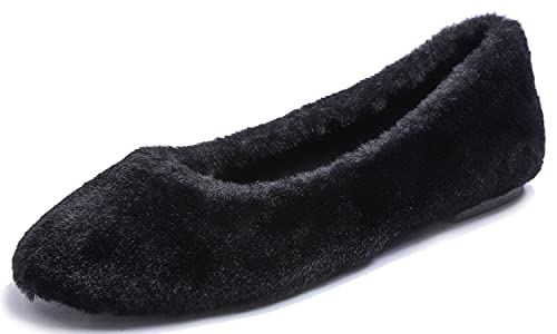 FEVERSOLE Women's Fashion Round Toe Puffy Warm Comfort Home Indoor Winter Soft Ballet Slippers Black Plush Size 7.5 M US