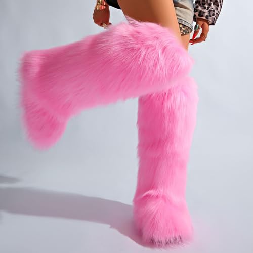 Image of Valpeak Womens Faux Fur Boot Winter Fluffy Long Furry Boots for Girls Outdoor Fuzzy Knee-High Boots(Pink,13)