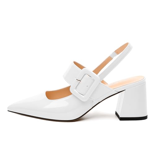 Women's Pointed Toe Pumps - 2.55" Chunky Mid Heel Slingback with Adjustable Buckle, Solid Color Dress Shoes for Work, Dates & Balls2
