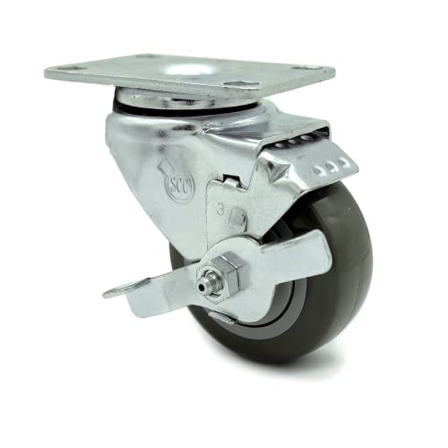 Polyurethane Swivel Top Plate Swivel Caster with 3 Inch Gray Wheel and Top Locking Brake - 300 lbs. Capacity Per Caster - Service Caster Brand