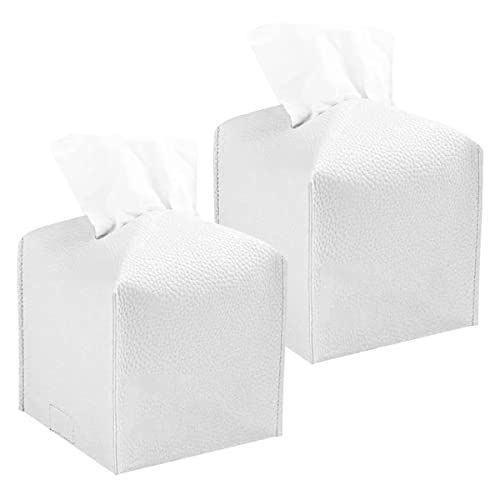 VOANZO Lot de 2 boîtes à mouchoirs carrées modernes et délicates en cuir synthétique pour maison, hôtel, voiture, bureau, restaurant - Blanc