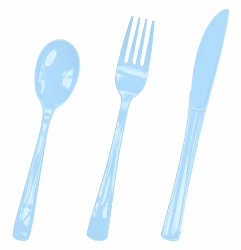 HEIPINIUYE 75 Pack Light Blue Plastic Cutlery Heavy Duty Baby Blue Plastic Knives Forks and Spoons Disposable Silverware Set for 25 Guest Camping Birthday Baby Shower Party Cutlery Set
