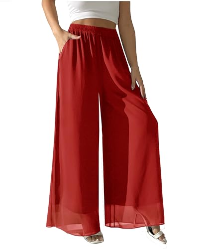 heipeiwa Women's Chiffon Dress Beach Wide Leg Palazzo Pants Elastic Waist Trouser