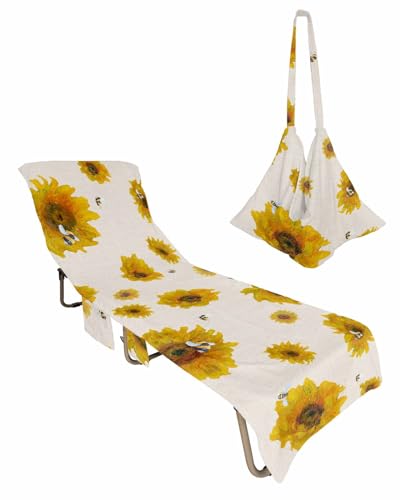 Sunflower Orange Beach Lounge Chair Towel Cover, Soft Chaise Lounge Towel with Side Pockets Patio Pool Chairs Cover for Beach/Pool Sunbathing 29x85 Summer Spring Bee Modern Painting Art