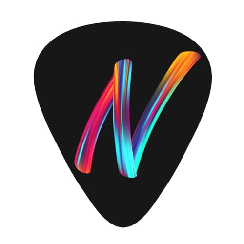 イニシャルギターピックプレクトラム、カラフルなギターピッククラシックトライアングル0.46 0.71 0.96mm クールギターピックシンミディアムヘビーサムアコースティックフィンガーピック、レインボーレターN 12個パック