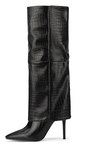 Women's Fold-Over Knee High Boots with 4-Inch Stiletto Heel, Pointed Toe & Pull-On Design 7