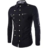 Men's Novelty Irregular Long Sleeve Shirt Unique Personality Military Shirt Slim Fit Epaulette Tactical Shirt (Black,Medium)