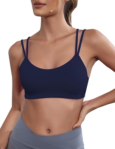 Image of Yoga Sports Workout Bras for Women Seamless Molded Cup Spaghetti Double Strap Bra Wirefree Scoop Neck Tank Top Bras