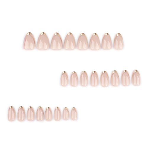 Image of Secret Lives Glossy Nude Pink Press-On Nails with Gold French Tips - Almond Shape Artificial False Nails 24-Pieces Set with Kit