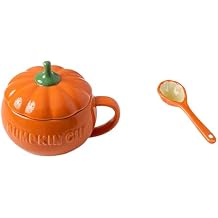 16.9-ounce microwaveable soup bowl with loop handle, pumpkin decorative cup with large handle, ceramic soup bowl and spoon set for fruit, cereal,olives, and salsa. Medium pumpkin cup + lid + spoon