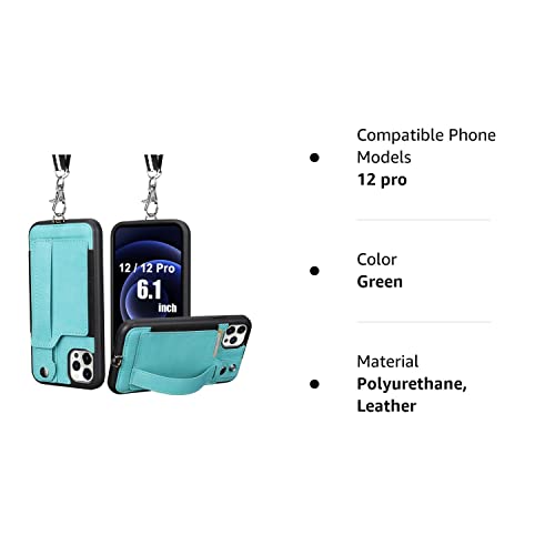 Toovren Iphone 12/12 Pro Case With Strap, Iphone 12/12 Pro Lanyard Case, Compatible With Iphone 12 Case/Iphone 12 Pro Case 6.1" 2020,Slim Designer Wallet Protective Case With Card Holder Green #TOP6