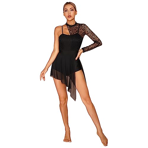 ranrann Femme Robe Danse Classique Manches Longues Une Epaule Dentelle Asymétrique Robe Danse Latine Justaucorps Gymnastique Ballet Dancewear XS-XL Noir S