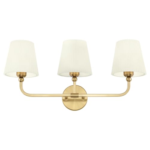 Image of 3-Light Gold Bathroom Vanity Light, Beige Pleated Fabric Shade