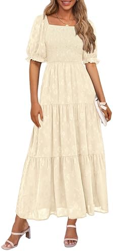 PRETTYGARDEN Women's 2026 Summer Casual Midi Dresses Square Neck Short Sleeve Smocked A Line Floral Flowy Elegant Boho Dress