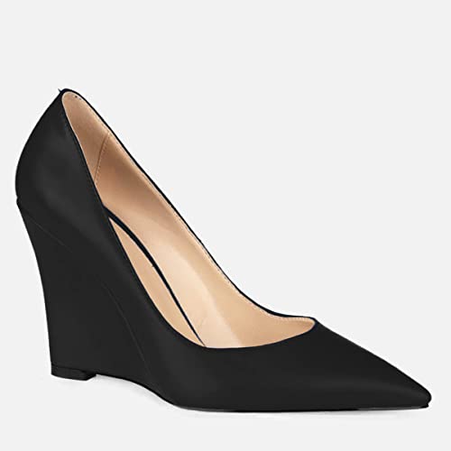 MOOMMO High Heel Wedge Pumps for Women Pointed Toe Slip On Matte Patent Leather Closed Toe 4 Inch Wedge Heels Dress Sandals Shoes Arch Support Comfortable for Office Ladies Party Wedding 4-12 M US4