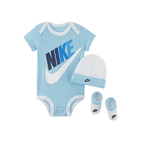 Nike Baby Bodysuit, Hat and Booties 3 Piece Set (B(LN0313-C3L)/W, 0-6 Months)