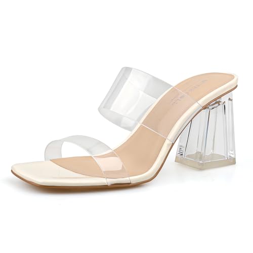 BCTEX COLL Women's Clear Heeled Sandals Transparent Two Strap Square Toe Slip On Chunky Block Heels Dress Shoes, Beige, Size 8